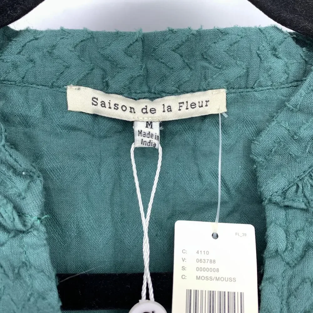 Saison de la Fleur Textured Blouse Womens Medium Puff Sleeve Green Boho Top NWT - Picture 5 of 7
